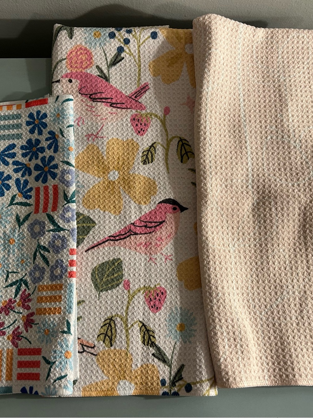 Bird & Floral Waffle Kitchen Towels - Pink, Yellow, Blue